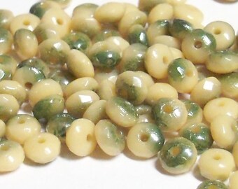 50 - Czech Glass 4mm Fire-Polished Faceted Rondelles - Bohemian Spacer Beads / Rustic Boho Accent Beads - Opaque Beige Half Green Luster