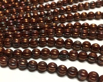 Czech Glass 8mm Fluted Round Melon Beads - Bohemian Focal Beads / Boho Accent Beads / Jewelry Supply - Opaque Red Bronze Iris