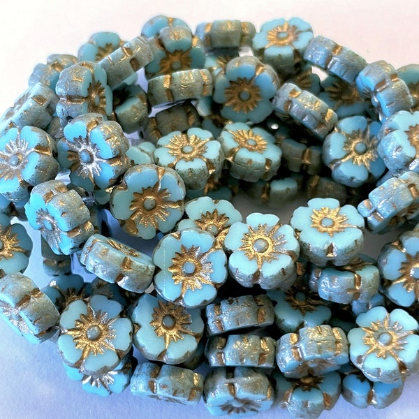 Czech Glass 9x10mm Chunky Carved Flower Beads - Bohemian Focal Beads / Boho Rustic Hibiscus Floral Beads - Opaque Sky Blue Gold Wash