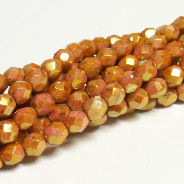 25 - Czech Glass 6mm Fire-Polished Faceted Round Beads - Bohemian Accent Beads / Spacer Beads / Jewelry Supply - Opaque Rose/Gold Luster