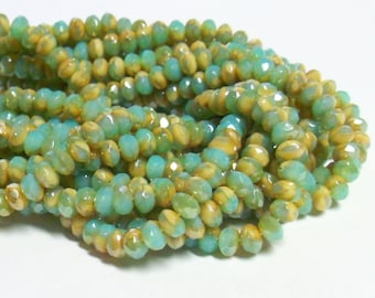 30 - Czech Glass 3x5mm Faceted Rondelle - Bohemian Spacer Beads / Boho Accent Beads / Jewelry Supply - Milky Aqua / Beige Luster