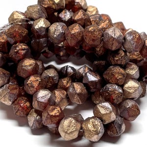 Czech Glass 8x6mm Faceted English Cut Nugget Beads - Bohemian Focal Beads / Rustic Boho Accent Beads - Etched Ruby Apollo Gold