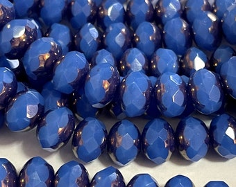 Czech Glass 8x6mm Faceted Rondelle - Bohemian Focal Beads / Boho Accent Beads - Milky Azure Blue Cut-thru Purple Luster