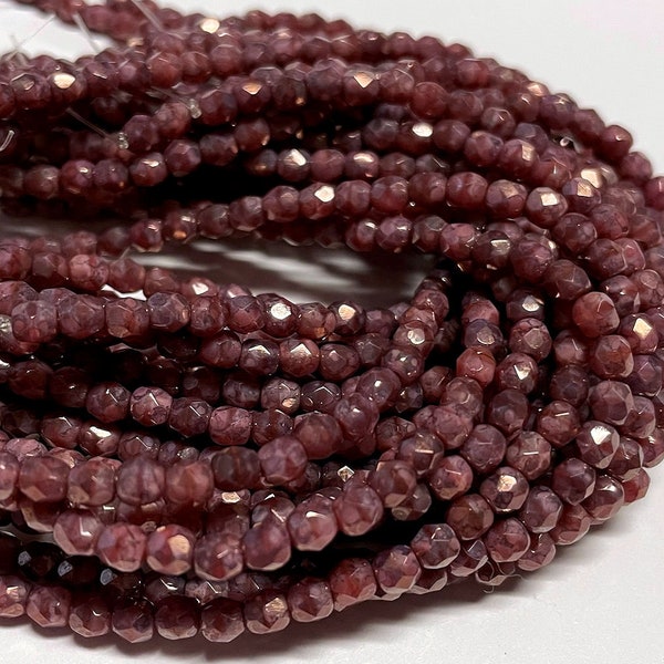 50 - Czech Glass 4mm Faceted Fire-Polished Round Beads - Bohemian Spacer Beads / Rustic Boho Accent Beads - Pink Coral Moon Dust