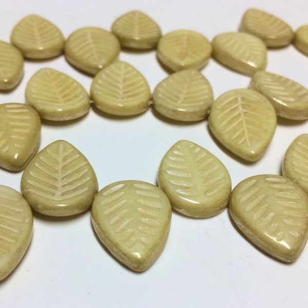 Czech Glass 17x12mm Top-drilled Leaves - Bohemian Leaf Beads / Rustic Boho Accent Beads / Carved Focal Beads - Yellow Ivory Mercury Finish