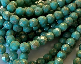 25 - Czech Glass 6mm Faceted Round Beads - Bohemian Accent Beads / Rustic Boho Spacer Beads - Opaque Turquoise Green Bronze Picasso Luster