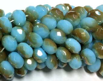 Czech Glass 8x6mm Faceted Rondelle - Bohemian Focal Beads / Boho Accent Beads / Rustic Jewelry Supply - Opaque Aquamarine Celsian