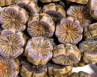 Czech Glass 14x15mm Chunky Carved Flat Flower Beads - Bohemian Focal Beads / Rustic Boho Hawaiian Hibiscus Beads - Opaque Thistle Picasso