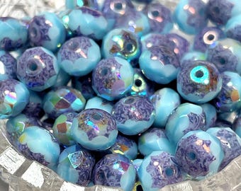 Czech Glass 7x5mm Faceted Rondelle - Bohemian Spacer Beads / Boho Accent Beads - Opaque Sky Blue AB Cut-thru Amethyst Luster