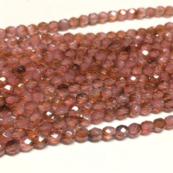 50 - Czech Glass 4mm Faceted Fire-Polished Round Beads - Bohemian Spacer Beads / Boho Accent Beads / Jewelry Supply - Milky Pink Celsian