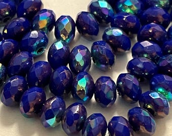 Czech Glass 3x5mm Faceted Rondelle - Bohemian Spacer Beads / Boho Accent Beads - Opaque Sapphire Blue AB