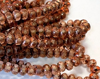 30 - Czech Glass 3x5mm Faceted Rondelle - Bohemian Spacer Beads / Rustic Boho Accent Beads - Matte Peach Cut-thru Copper
