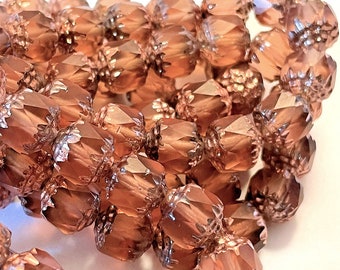 Czech Glass 8mm Faceted Cathedral Beads - Bohemian Focal Beads / Fire Polished Boho Accent Beads - Peach with Copper finish