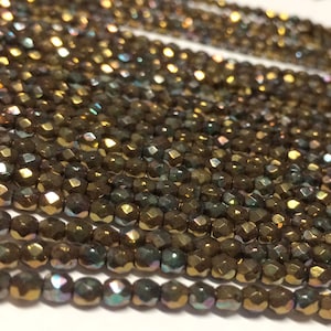 100 - Czech Glass 3mm Fire-Polished Faceted Round Beads - Bohemian Spacer Beads / Boho Accent Beads / Jewelry Supply - Oxidized Bronze Clay