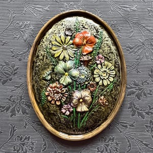 Rare Vintage Hand Painted MCM Ceramic Oval 3D Floral On Swirled Gold Seventies Wall Hanging Free Shipping