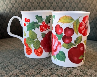 Pair Of Vintage Roy Kirkham Coventry Garden Flowers & Fruit Botanical Fine Bone China Cups Mugs Free Shipping