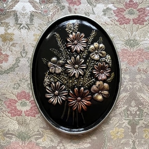 Rare Vintage Hand Painted MCM Ceramic Oval 3D Floral On Black Seventies Wall Hanging Free Shipping