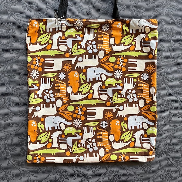 Large Handmade Orange Green & Brown Retro Animal Print Floral Lined Cotton Tote Bag Free Shipping