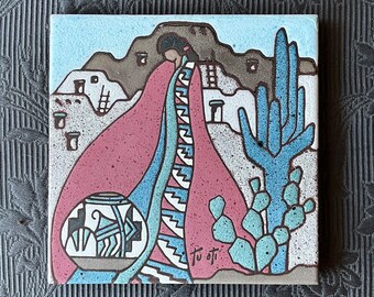 Signed Gale Tuoti Earthtones 1990  Southwest Themed Art Tile Woman & Cactus In Desert Free Shipping