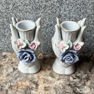 Pair Of White Vintage Ceramic Ladies Hands Adorned With Roses Candle Holders Candlesticks Candleholders Free Shipping