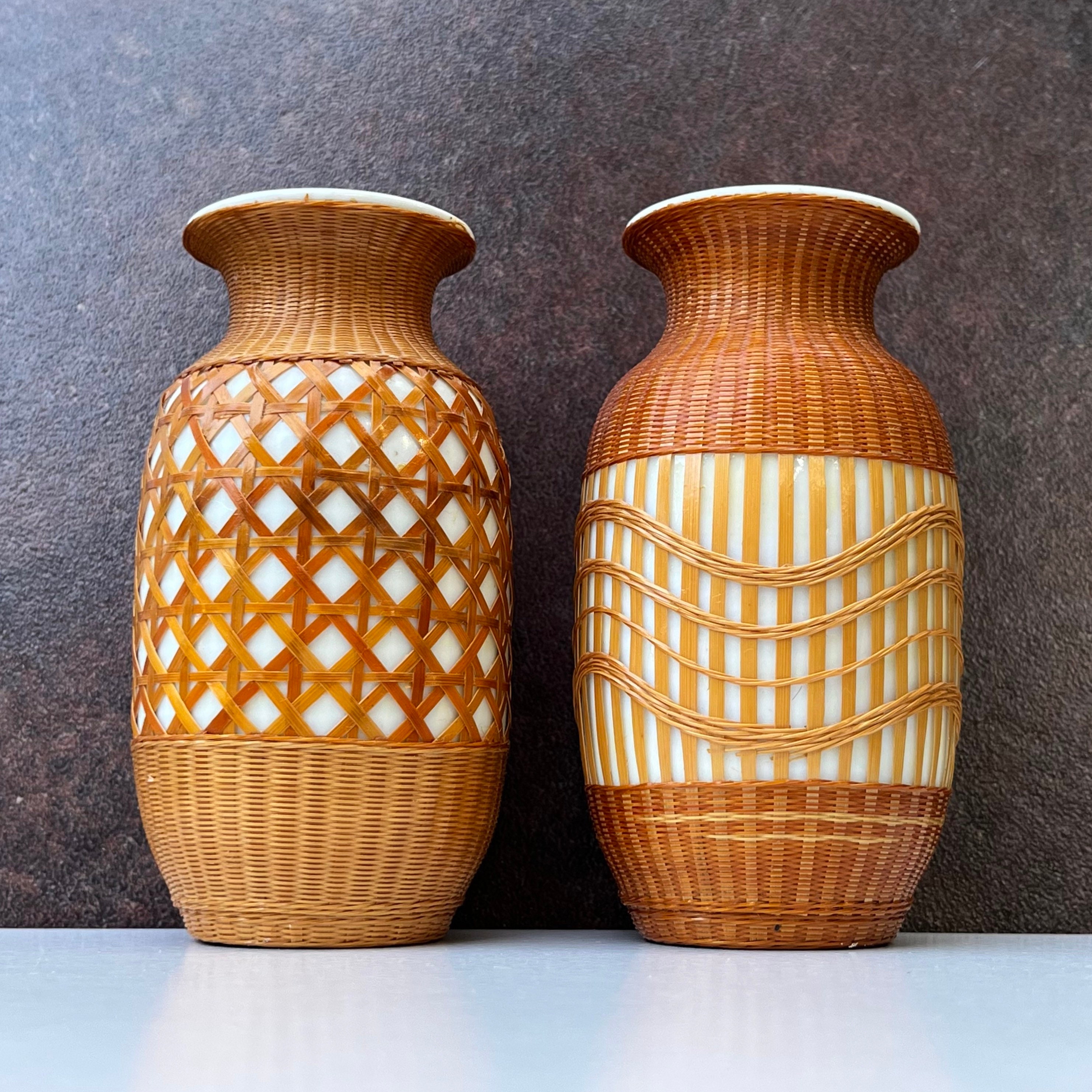 Vintage Bamboo and Wood Flower Vase, Vintage Bamboo Plant stand, 23