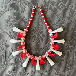 Vintage Red & White MCM Glass Crystals Dangle Statement Necklace Free Shipping