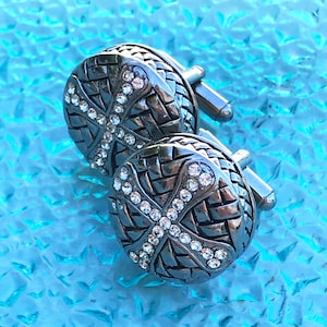 Vintage Crosshatch Silver & Rhinestone Baltic Cross Cufflinks Free Shipping