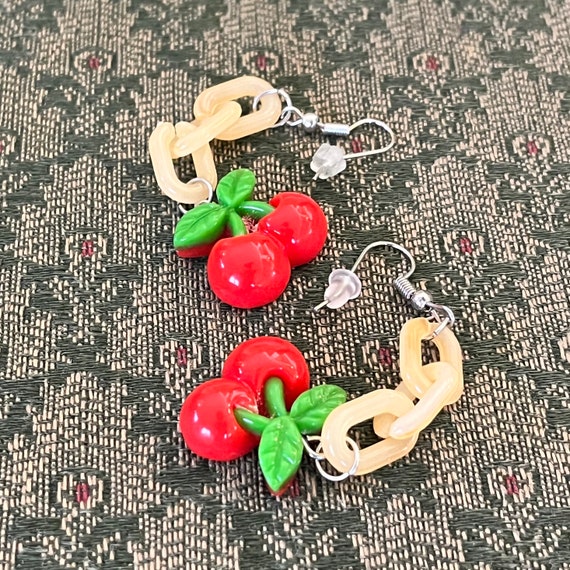 Vintage Novelty Cherries & Chains Drop Dangle Ear… - image 7