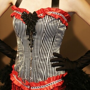 RINGMASTER Red White Black Striped Circus Vintage-Style Sexy Burlesque Corset Halloween Costume w/ Feather Steampunk Skirt image 5