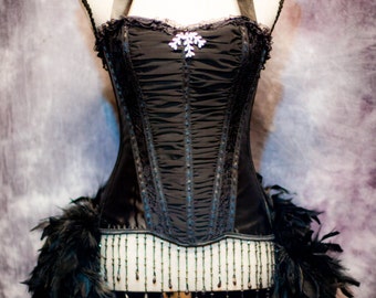 ECLIPSE Rhinestone beaded Burlesque Costume Black Corset Gothic Dress Showgirl feather train