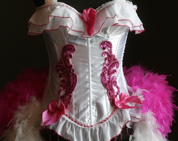 BABYDOLL Fantasy Pin Up Burlesque Cosplay Costume, Pink White Feather Dress, Fascinator EVERYTHING INCLUDED!