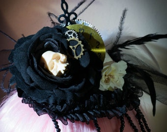 Steampunk Skull Mini Top Hat hair fascinator Gothic Day of the Dead clock pieces