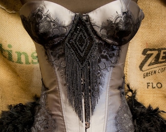 MISTRAL Black Feather Burlesque Costume Bustle Victorian Steampunk Gothic Gypsy Grey Silver Dress Halloween