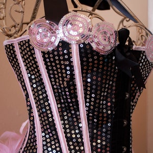 PRINCESS Pink Sequins Steampunk Corset Burlesque Outfit Circus Costume with feather train image 4