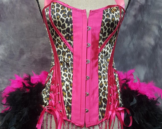 HOT PINK Leopard Print Pin Up Feather Burlesque Corset Vintage Style Animal Cat Costume Sexy Steampunk Dress