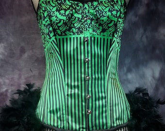 STRIPED GREEN Fairy Steampunk corset Burlesque Costume Saloon Girl Dress with feather bustle