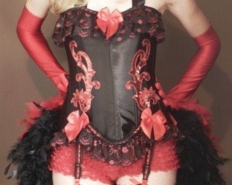 RED SONJA Feather Train Burlesque Circus Costume dress corset sexy Halloween 1920s S, M, L, XL