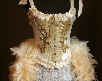 OLYMPIAN Gold Feather Burlesque Costume Vintage Style Great Gatsby Wedding Corset Las Vegas Cabaret Showgirl Dress