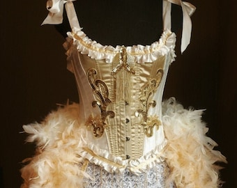 OLYMPIAN Great Gatsby Gold Corset Burlesque Costume beaded fringe dress w/ feather train