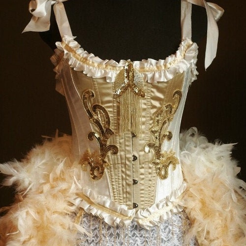 OLYMPIAN Great Gatsby Gold Corset Burlesque Costume beaded fringe dress w/ feather train