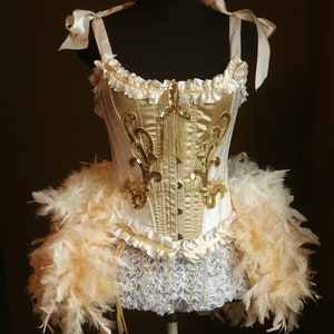 OLYMPIAN Gold Feather Burlesque Costume Vintage Style Great Gatsby Wedding Corset Las Vegas Cabaret Showgirl Dress