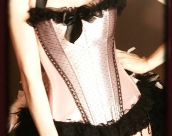 APHRODITE Sexy Burlesque Feather Costume Saloon Girl dress Pink Black Corset outfit Parisian French Showgirl Lace