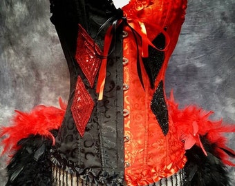 HARLEY QUINN Burlesque Cosplay Costume Harlequin Queen of hearts diamonds red & black feather dress