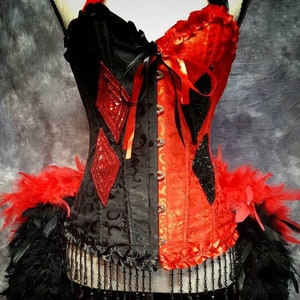 HARLEY QUINN Burlesque Cosplay Costume Harlequin Queen of hearts diamonds red & black feather dress image 1