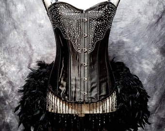 BLACK DIAMOND Steampunk Dress Feather Bustle Rhinestone Burlesque Costume Gothic Corset