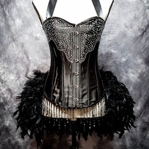 BLACK DIAMOND Steampunk Dress Feather Bustle Rhinestone Burlesque Costume Gothic Corset image 1