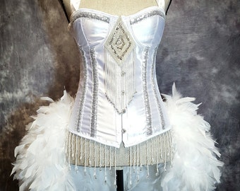 SNOW QUEEN White Swan Costume Vintage Style Sexy Halloween Wedding Corset Feather Showgirl Burlesque Dress