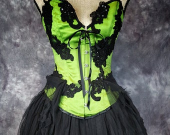 COSTUME VICTORIEN Perlé Dentelle Corset De Mariage Steampunk Robe Gothique Burlesque tenue Vert Noir mini robe tulle