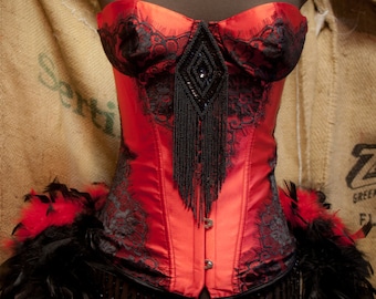 PHOENIX Saloon Girl Costume Corset Red Black Cosplay Burlesque Dress w/ feather train