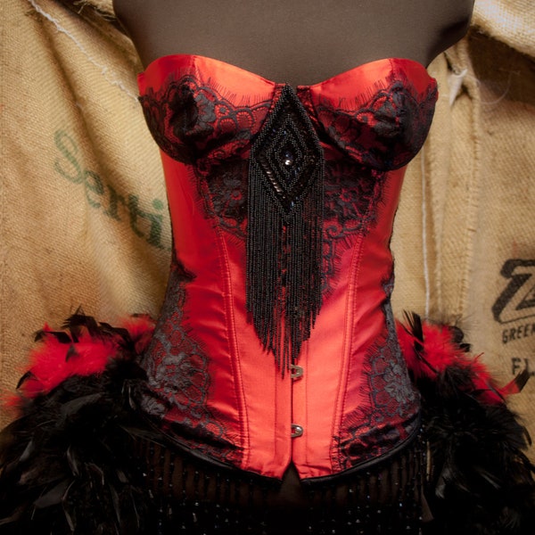 PHOENIX Saloon Girl Costume Corset Red Black Cosplay Burlesque Dress w/ feather train